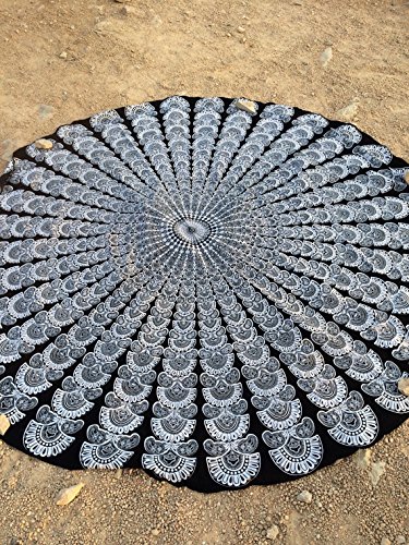 urbancharm- schwarz & weiß indischen Pfauenfeder Mandala rund Roundie Beach Überwurf Tapisserie Hippie Boho Gypsy Baumwolle Tischdecke Strandtuch - 5