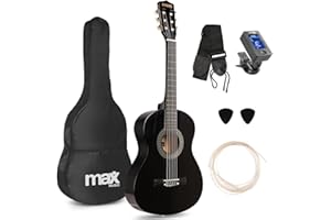 MAX SoloArt Junior 3/4 - Guitarra Española Infantil para niños de 8 a 12 años, Guitarra Clásica para Niños y Niñas, Funda, Afinador, Correa, Cuerdas de Nylon y púas para principiantes, Color negro