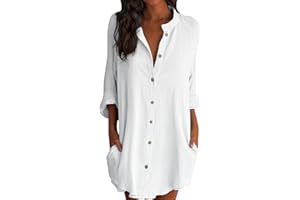Iuyhau Women's Oversized Linen Shirts Plus Size Baggy Comfy Blouses Tops Half Sleeve Button Up Mid-Long Shirts V Neck Work Plain Tops Tunic Tee Mini Dress with Pockets