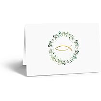Cartoncini segnaposto Eucalipto con simbolo pesce oro, Set di 25: biglietti eleganti per matrimonio, comunione, battesimo, cresima, segnaposti tavolo da personalizzare, 8,5 x 5,5 cm