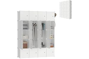 LZQ Armoire polyvalente DIY, système de rangement en plastique, placard de chambre avec porte, étagère à emboîter anti-poussière avec 20 cubes et tringle à vêtements (Laiteux)