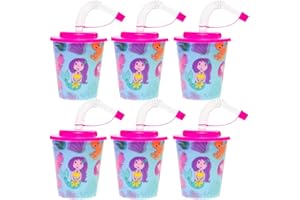 Set of 6 3D Drinking Cups with Lid and Straw for Children - 250 ml, Cup with Lid and Straw with Various Designs, Drinking Cup for Children (Mermaid)