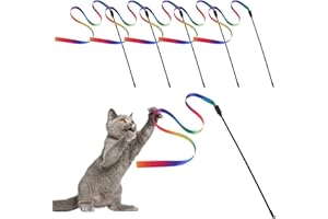 Molain Różdżka dla kota interaktywna zabawka, 5 zestawów kolorowych patyczków wstążkowych z tkaniny, zabawka dla kota do interaktywnych pomieszczeń(tęczowy kot sznur zabawki)