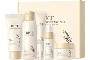 EWKU 5PCS Rice Skin Care Sets & Kits, Korean Skincare Set- Cleanser, Toner, Serum, Eye Cream & Moisturizer, Christmas Birthday Gifts for Women Teenage Girls Mom Friend, Travel Skincare Set