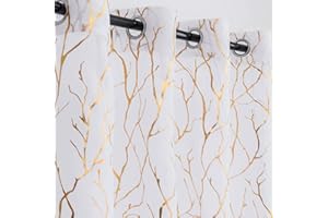 Kotile Gold White Sheer Curtains - Metallic Gold Foil Printed Tree Branch Curtains Grommet Top Window Light Filter Curtains 84 Inch Length, 52 x 84 Inches, 2 Panels, White Gold