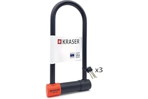 KRASER KR120L Antivol Moto Homologué SRA, U ø18mm Acier Cémenté, Plus Robust, Recommandé par Assurances, Double Verrouillage 3 Clés Serrure Haute Sécurité Anti-crochetage, Antivol Vélo en U, 120x310mm
