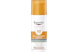 Eucerin Sun Face Oil Control FPS 50+ con color tono medio (50 ml), protección solar facial 50+ con filtros UVA/UVB, crema solar para piel grasa y propensa al acné, crema de sol con color y matificante