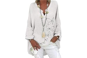 SCBFDI Chemises en Lin De Coton De Couleur Unie pour Femmes à Col en V Hors De L’épaule Hauts à Manches Longues Tunique à Porter avec des Leggings