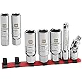LLNDEI 3/8-inch Drive Spark Plug Sockets Set 7-Piece,SAE(5/8", 3/4", 13/16")&Metric(14mm,18mm),with Extension Bar & Universal Joint,CR-V Steel Rubber Retaining Ring Spark Plug Tools for Auto Repairing