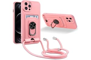 JMstore Handykette Schutzhülle Kompatibel mit iPhone 12 Pro Max,360° Ring Ständer magnetisches Eisenblech+Kartenfach Kameraschutz Stoßfester Silikon hülle-Pink