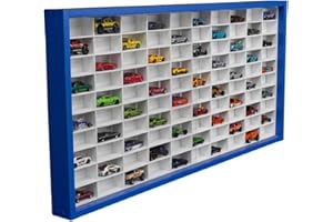 Decographics | Vitrina Expositor H100| Compatible con Hot Wheels | Capacidad 100 Coches | Vitrina para colección | Organizador de Coches |con Puerta (Azul-Interior-Blanco)