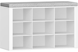 Hzuaneri Shoe Storage Bench with Padded Seat, Shoe Rack Bench with 9 Open Compartments, Adjustable Shelves, Shoes Cabinet with Cushion for Hallway, Living Room, Bedroom, White, SB15903GY