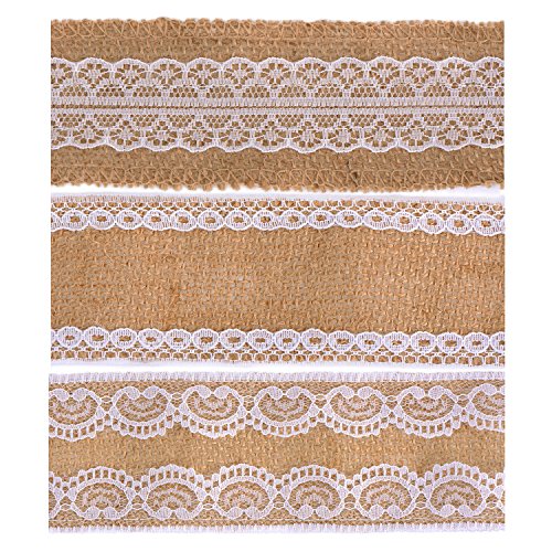 eBoot 3 Stück Natürlich Leinen Band mit Weiß Spitze für DIY Handgemacht Hochzeit Handwerk Spitze Leinen, 78,7 Zoll pro Stück - 2