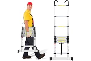 Cecaylie - Scala telescopica antiscivolo in alluminio, 3,2 m, con 2 ganci rimovibili, design telescopico, capacità di carico: 150 kg, argento