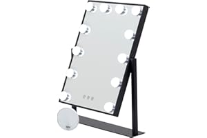 MOMENTS OF GLASS Espejo de Maquillaje BULB LITTLE con Luz, Pantalla de Control Táctil, Rotación de 360 Grados (Negro), Espejo Cosmético con 12 Bombillas LED, 3 Colores de Luz Regulables, Espejo de Mesa