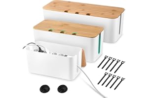 KUOFANY Set de 3 Caja Organizadora de Cables, Caja de Gestión de Cables con Tapa de Bambú, Cajas Guarda Cables, Ocultar Organizador Cables para Regletas TV Escritorio