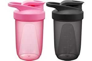 Alaoo Botella Mezcladora, 400ML 2PCS Vaso de Batido de Proteína en Polvo con Bola Mezcladora, Coctelera de Proteínas a Prueba Fugas para Fitness, Deportes, Gimnasio, Botellas de Bebidas (Negro+Rosa)