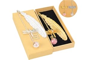 2 Pcs Marcadores de Plumas de Metal con Colgantes de Libélula, TOLOYE Marcadores de Libros Hechos a Mano,Marcadores Perfectos para Mujeres Amigos Estudiantes Lectores (Dorado + Plateado)