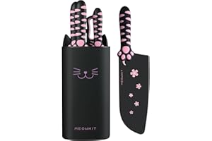 hMEOWKIT 5 Pièces Set Couteau Cuisine, Couteaux de Cuisine Professionnels en Acier Inoxydable, Bloc de Couteaux Mignon avec Ciseaux, Noir-Rose (5 Pièces)