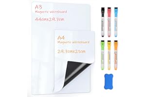 VynyQoo Lavagna Magnetica Frigorifero, Set da 2 (A3 + A4) Lavagne Cancellabili con 6 Pennarelli e 1 Cancellino, Facile da Scrivere e Pulire, Planner Settimanale per Casa, Cucina, Ufficio, Scuola
