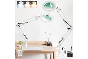 ZABOUL 2-IN-1 Magnifying Glass with Light and Stand, 10X Remote Control Desk Lamp Large Base & Clamp, 3 Color Stepless Dimmable Magnifier, Glasses for Hobbies Reading