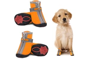 DOCIOTE Buty dla małych psów, wodoodporne, ochronne buty dla psów, antypoślizgowa podeszwa, ochraniacz łapy z odblaskowymi paskami, buty dla zwierząt domowych, ciepłe, dla szczeniaków, małych i średnich psów, na zewnątrz, pomarańczowe, 4 szt., nr 4