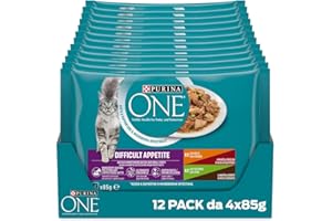 PURINA ONE Appetito Difficile Cibo Umido per Gatti Adulti Filettini con Pollo, Manzo e Fagiolini, Tacchino, Anatra e Carote 48 Buste da 85g