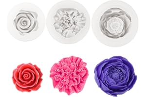 TEUYOE 3 Pieces 3D Large and Small Peonies, Carnations, Roses, Flower Moulds Silicone, Silicone Candle Moulds, Making Chocolate Baking Molds for Birthday Anniversary (Peony, Carnation, Rose)