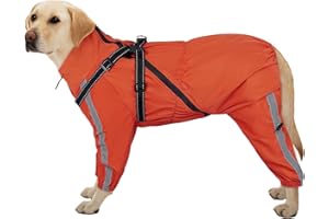 Kuoser Waterproof Dog Raincoat with Legs, Lightweight Dog Rain Jacket with Harness, Reflective Adjustable Waterproof Suit for Large Dogs Red