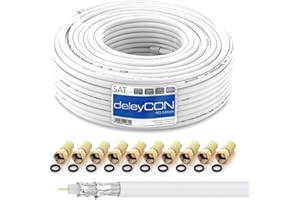 deleyCON HQ 50m SAT Koaxial Kabel 130dB - 4-fach geschirmt für DVB-S - S2 DVB-T und DVB-C - Stahl/Kupfer Innenleiter - 4K 1080p FULL HD HDTV - inkl. 10x vergoldete F-Stecker