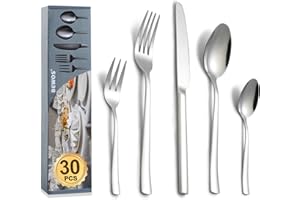 BEWOS Set di Posate per 6 Persone, Set di Posate in Acciaio Inossidabile da 30 Pezzi, Set di Posate in Argento con Coltelli, Forchette e Cucchiai, Lucidato a Specchio e Lavabile in Lavastovig