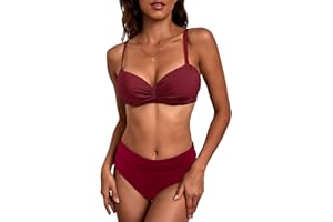 JFAN Damski 2-częściowy strój kąpielowy z wysokim stanem, marszczone bikini, klasyczny biustonosz push-up, zdejmowany strój kąpielowy