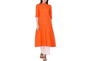 Ladyline Tunique unie en pur coton pour femme, fente sur le devant, manches 3/4, col chinois, boutons, poche longue, Kurti Kurta