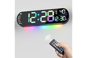 hansang Large Digital Wall Clock with Remote Control 13.7’’, Auto Brightness, 9 RGB Ambient Light, Dual Alarm Clock&Timer, 12/24H Mode, Temperature for Bedroom, Wall Decor Gift for Elder, RGB