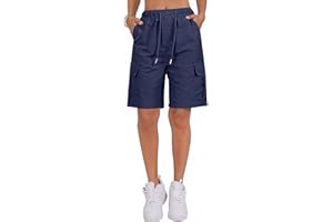 PADOLA Short Femme Été Séchage Rapide Bermuda avec 4 Poches Taille Elastique Shorts de Travail Cordon de Serrage Léger Uni Short Randonnée Pantacourt de Plage Casual Décontracté