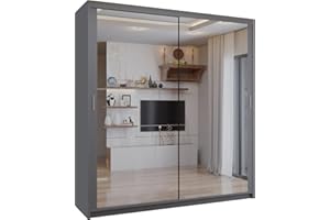 SLIDING WARDROBE 4U Double Mirror Sliding Door Wardrobe with LED LIGHT 90/120/150/180/203 (Grey, 120cm)