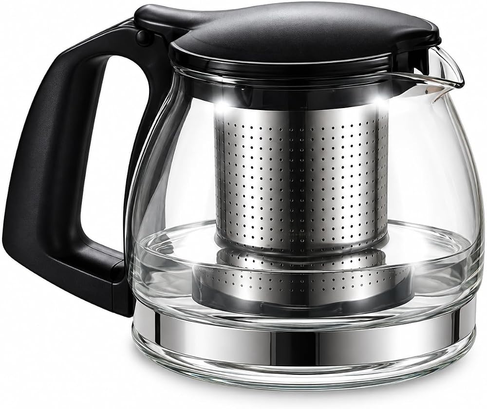 HUMAS Süzgeçli Borosilikat Cam Demlik – Paslanmaz Çelik Filtreli, Ergonomik Kulplu Bitki Çayı & Yaprak Çay Demliği 700 ML