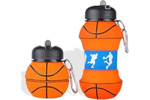 MOPQMKT Bouteille d'eau en Silicone pour Le Basketball - Gourde pour Enfants Pliable 550 ML Bouteille de Sport étanche, Portable Bouteille avec Mousqueton sans BPA Très Résistant pour Enfants Adultes