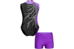 ranrann Enfant Fille Justaucorps Gymnastique sans Manche Strass Paillette Brillant avec Short Tenue Patinage Danse Costume Spectacle 5-16 Ans