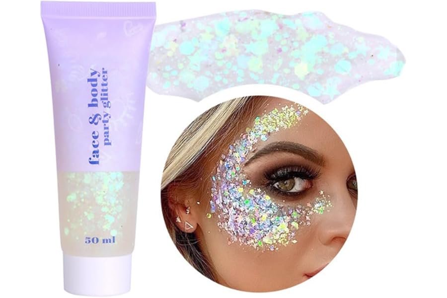 Beliky Girl Body Glitter Gel, 50ml Face Glitters Body Sequins Shimmer Liquid Eyeshadow, Mermaid Sequins Liquid Holographic Glitter Gel, Chunky Glitters for Eye Hair Nail DIY Art (White)