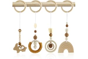 BINYI Spielbogen Baby Spielzeug ab 0 Monate Spielbögen Baby Gym Anhänger Holz 4 Stück Spielebogen Babies Toys für Mädchen Jungen Babyspielzeug für Babyschale Kinderwagen Autositz Spielzeug (Braun)