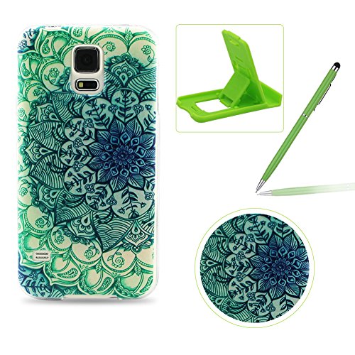 Für Samsung Galaxy S5 Mini Hülle Silikon Schutzhülle Tasche Case,Weiches Silikon TPU Gel Bumper Case Etui Schale Cover Skin,Herzzer Modisch Hochwertig Ultra Dünn Slim Thin Bunt Handytasche Mit [Grüne Blütenblätter Muster] Guter Schutz Kratzfest Flexibel Leicht Gummi Rubber Jelly Soft Protective Stabil Handyhülle Schutztasche Back Cover Case Shell für Samsung Galaxy S5 Mini + 1 x Frei Grün Handy Halterung Ständer + 1 x Frei Grün Touch Pen Stift Stylus