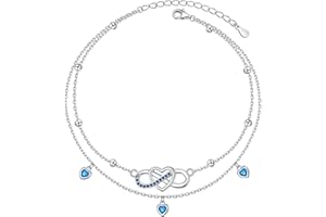 HOOHWE Fußkettchen für Frauen Sterling Silber Schildkröten Evil Eye Infinity Herz Strand Fußkettchen Doppelschicht mit Perlen Einstellbare Boho Geschenk für Mädchen Strand
