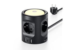 SAMERIVER Ciabatta Multipresa con luce, ciabatta a 4 scomparti con 3 USB, presa di corrente con interruttore, presa multipla a cubo 3 modalità di illuminazione 16A, 2 M, per casa, ufficio F(Schuko)