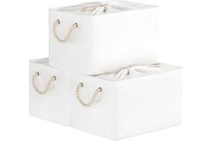 Yawinhe Lot de 3 Paniers de Rangement Pliables, Tissu, Boîtes pour étagères, avec Cordon de Serrage et 2 Poignées, pour Vêtements, Blanc, 33x23x20cm, SNK003WS