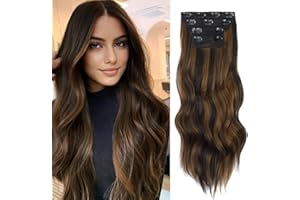 JUZIVIEE Clip in Extensions wie Echthaar Günstig Hairpiece Clips Haarteil Synthetisches für Damen lang Wavy Haarteil Vollkopf Haarverlängerung 4Pcs 50cm(Schokolade Braun mit Karamell Blond)077F