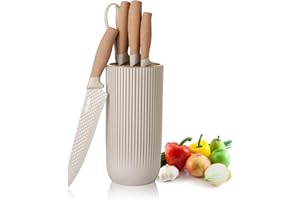JUSTUP Messer Set, 6-teiliges Khaki Scharfes Messerblock Set für Küche, Antihaft Rutschfestes Edelstahl-Kochmesser-Set mit Universal-Messerblock Geeignet für Home Restaurant Picknick (Khaki)