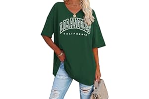 Tomwell Damen Los Angeles Brief T-Shirt mit V-Ausschnitt Kurzarm Sport Sommer Rundhals Oversized Oberteile Drucken Sweatshirt Lose Bluse Tunika Lang für Teen Girls Top