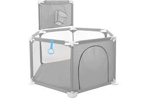 Savieva Baby Playpen - Large 6 Sides Play Pen for Babies and Toddlers with Breathable Mesh, Zipper Door, Basketball Hoop, Pull Ring, Infant Activity Center Safety