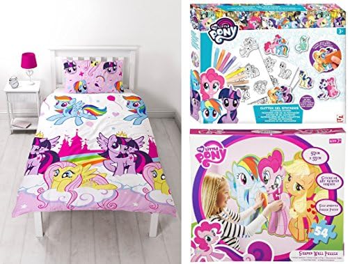 My Little Pony Kids Bedroom Bundle - 1 x Single Duvet Bedding Set, 1 x Wall Puzzle and 1 x Colour Your Own Gel Stickers - Have tonnes of fun whilst nurturing self-expression and creativity in young minds
